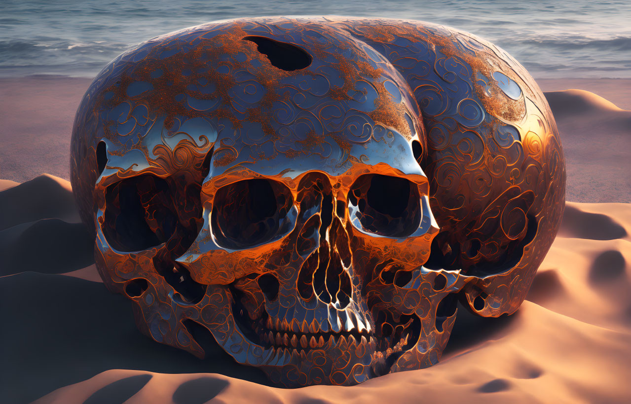 Patterned skull on sandy beach at sunset with gentle waves.