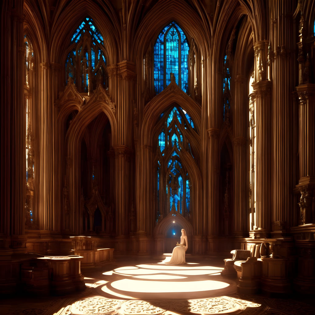 Majestic Gothic cathedral interior with stained-glass windows and lone figure