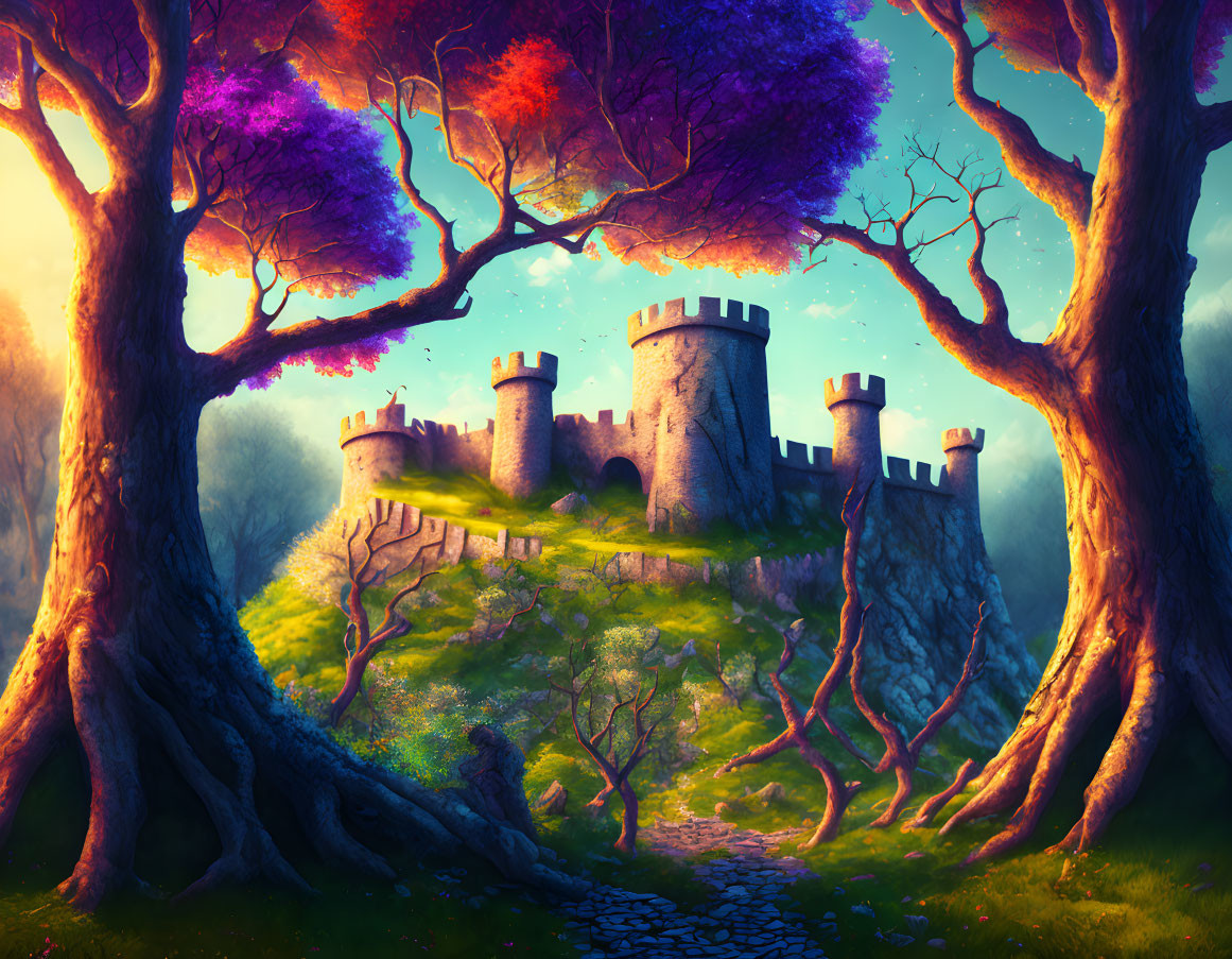 Fantasy landscape with imposing castle, ancient trees, purple foliage