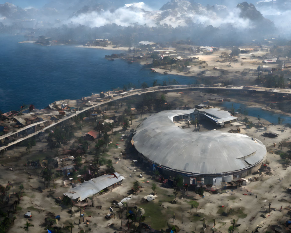 Coastal Settlement with Circular Building, River, and Mountains