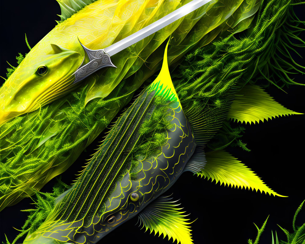 Colorful conceptual artwork: Two stylized fish with intricate patterns and vibrant fins on dark backdrop