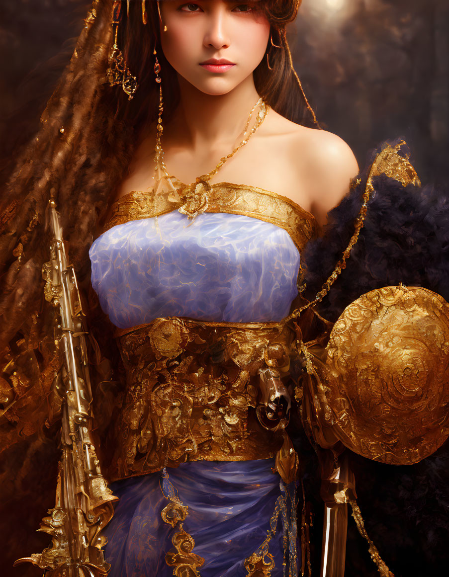 Medieval woman in blue and gold attire with sword and shield