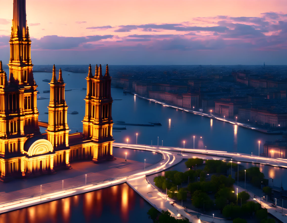 Cityscape with illuminated cathedral spires and winding river at twilight