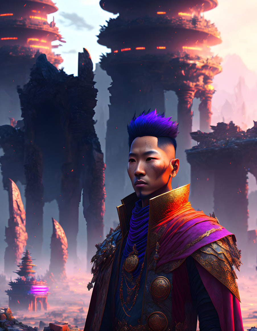 Man with Blue Mohawk in Oriental Attire Amid Futuristic Cityscape