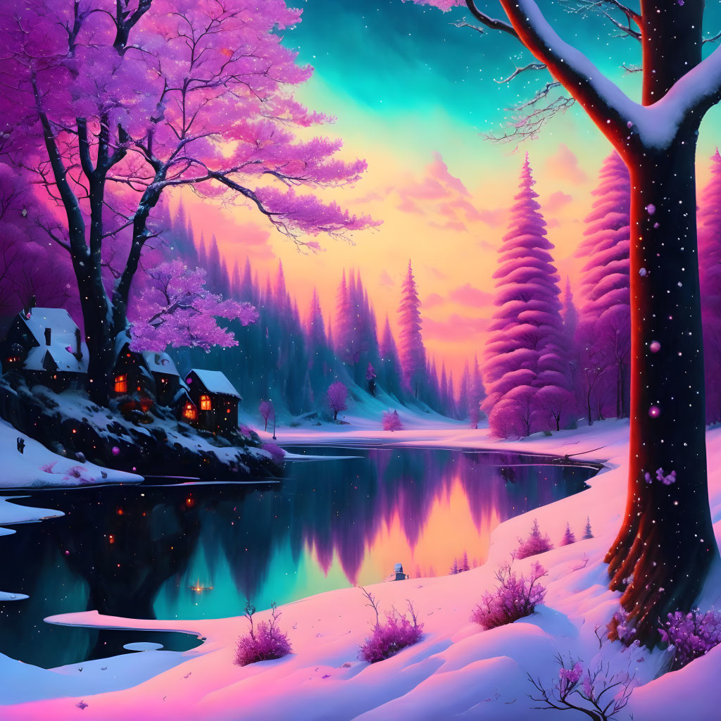 Pink-hued snowy landscape with lake, cabins, and dusk sky