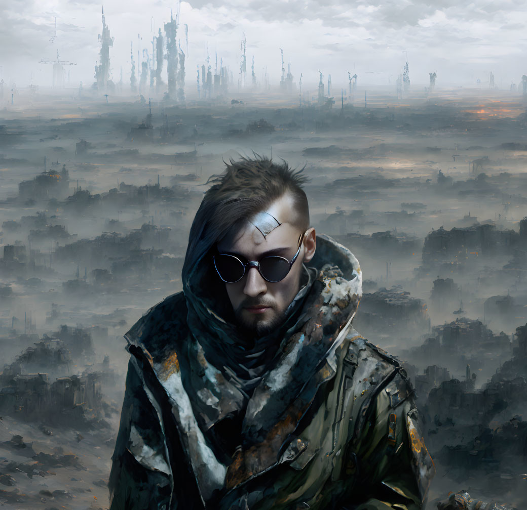 Man in sunglasses and camo jacket against dystopian cityscape