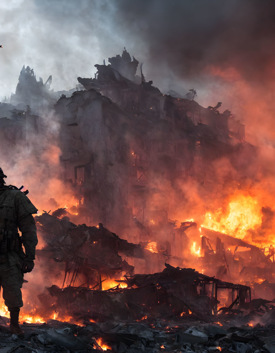 Silhouette of soldier in front of raging fire and collapsed building