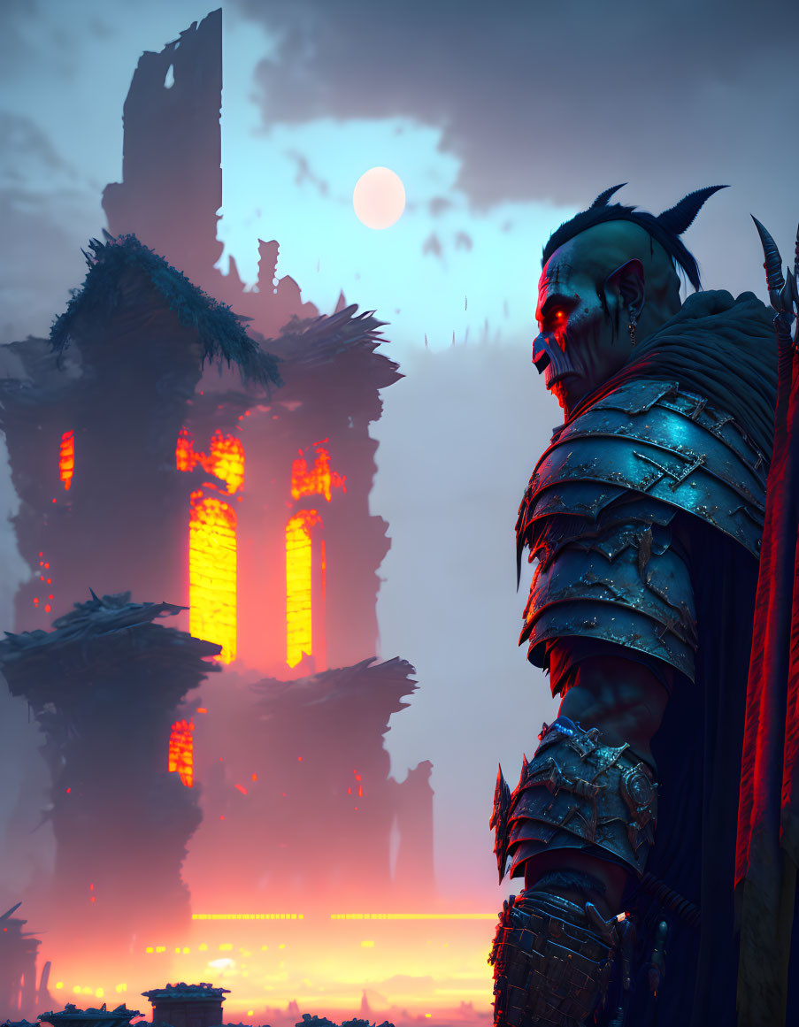 Armored character with glowing eyes in dystopian landscape with ruins and red moon