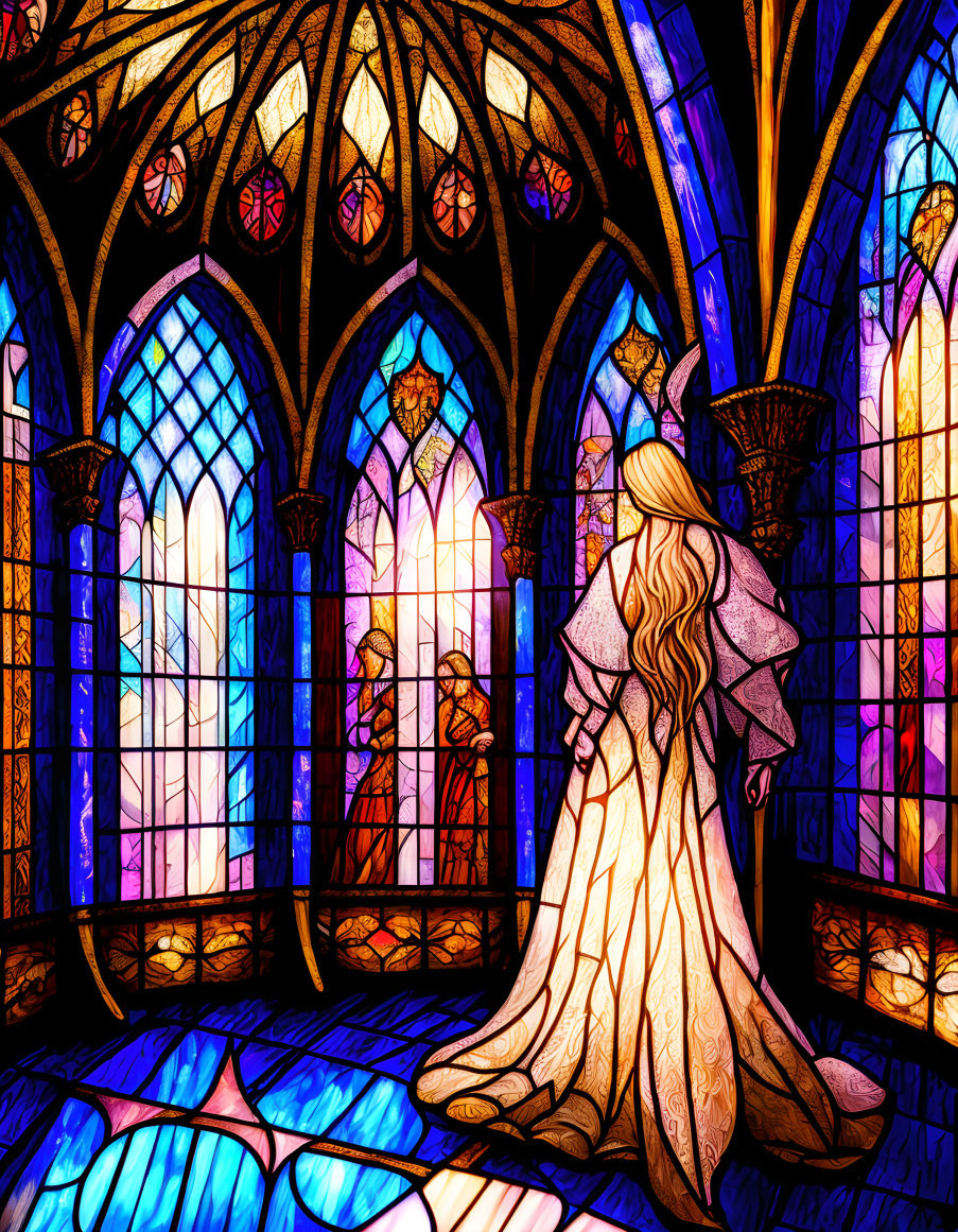 Woman in flowing dress admiring vibrant stained glass window in gothic church