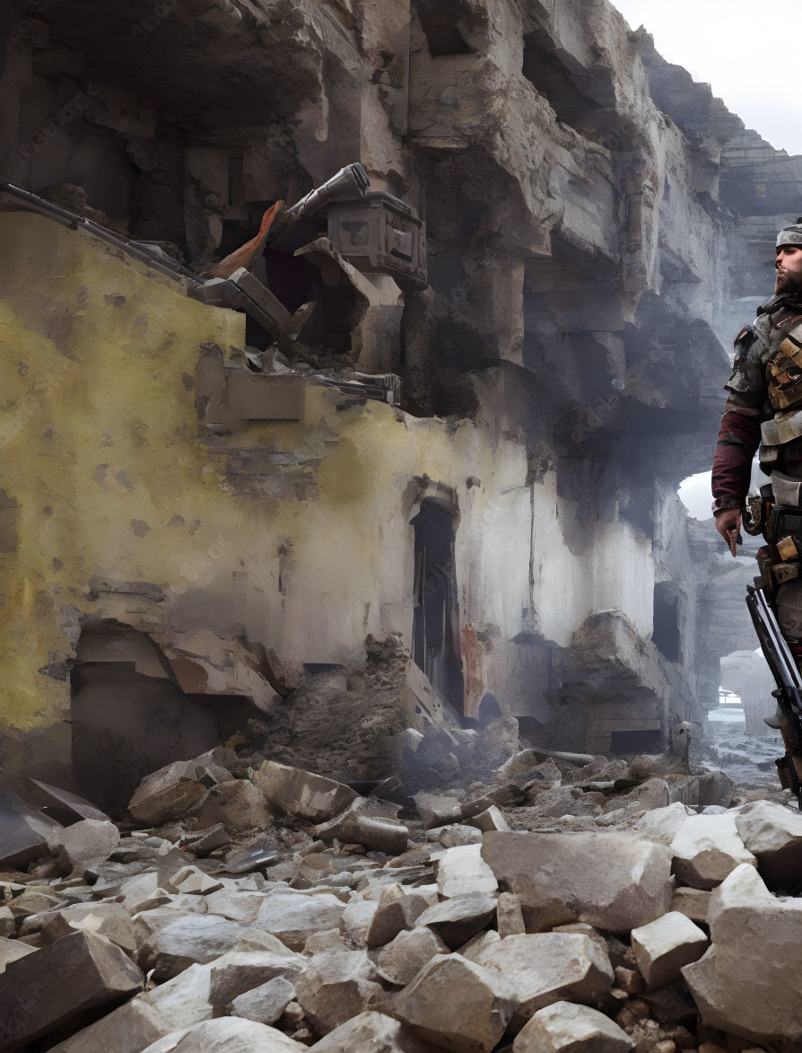 Soldier in tactical gear next to rubble from destroyed building