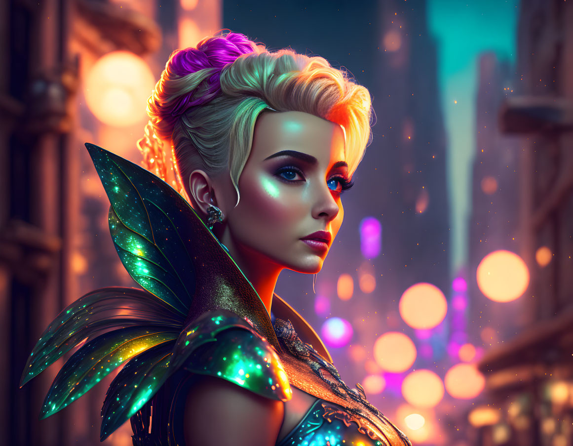 Futuristic fairy with sparkling wings in neon cityscape