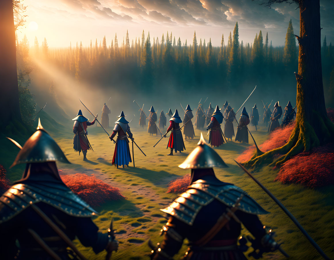 Medieval warriors in armor walking through forest at dawn