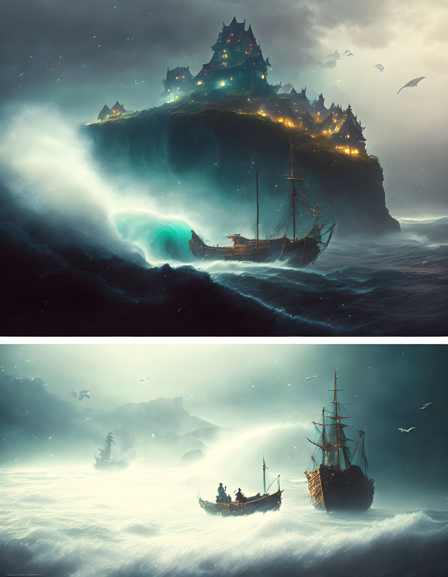 Fantasy Nautical Scenes: Ship near Mystical Island & Ships in Ethereal Ocean