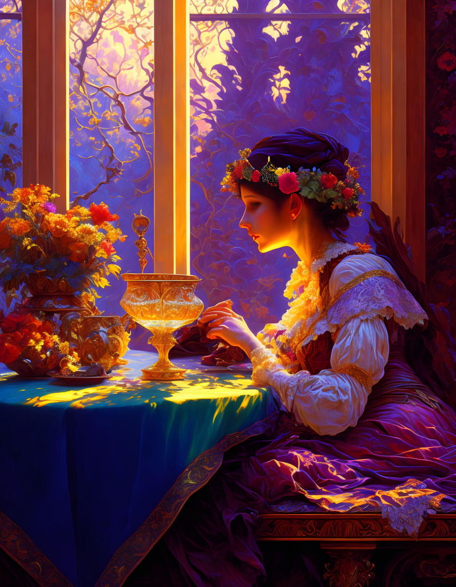 Woman in traditional dress with flower wreath gazes at golden cup by ornate window