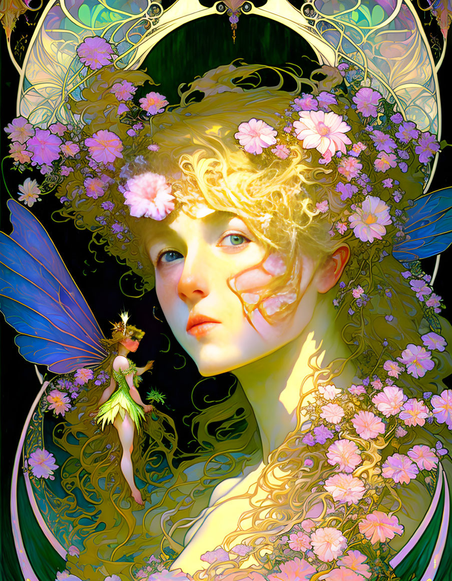 Ethereal artwork of woman with floral ornaments and fairy in ornate nature frame