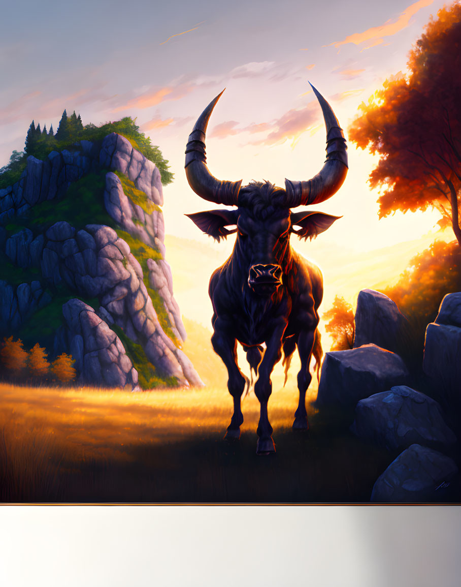 Majestic bull with large horns in grassy field at sunset