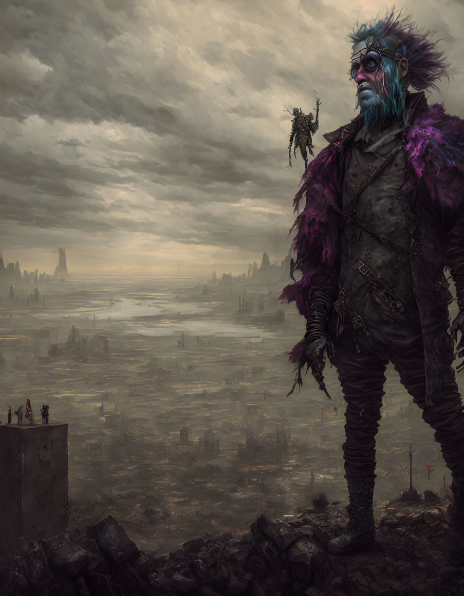 Blue-haired punk figure in wasteland with doll's head, ruins city view