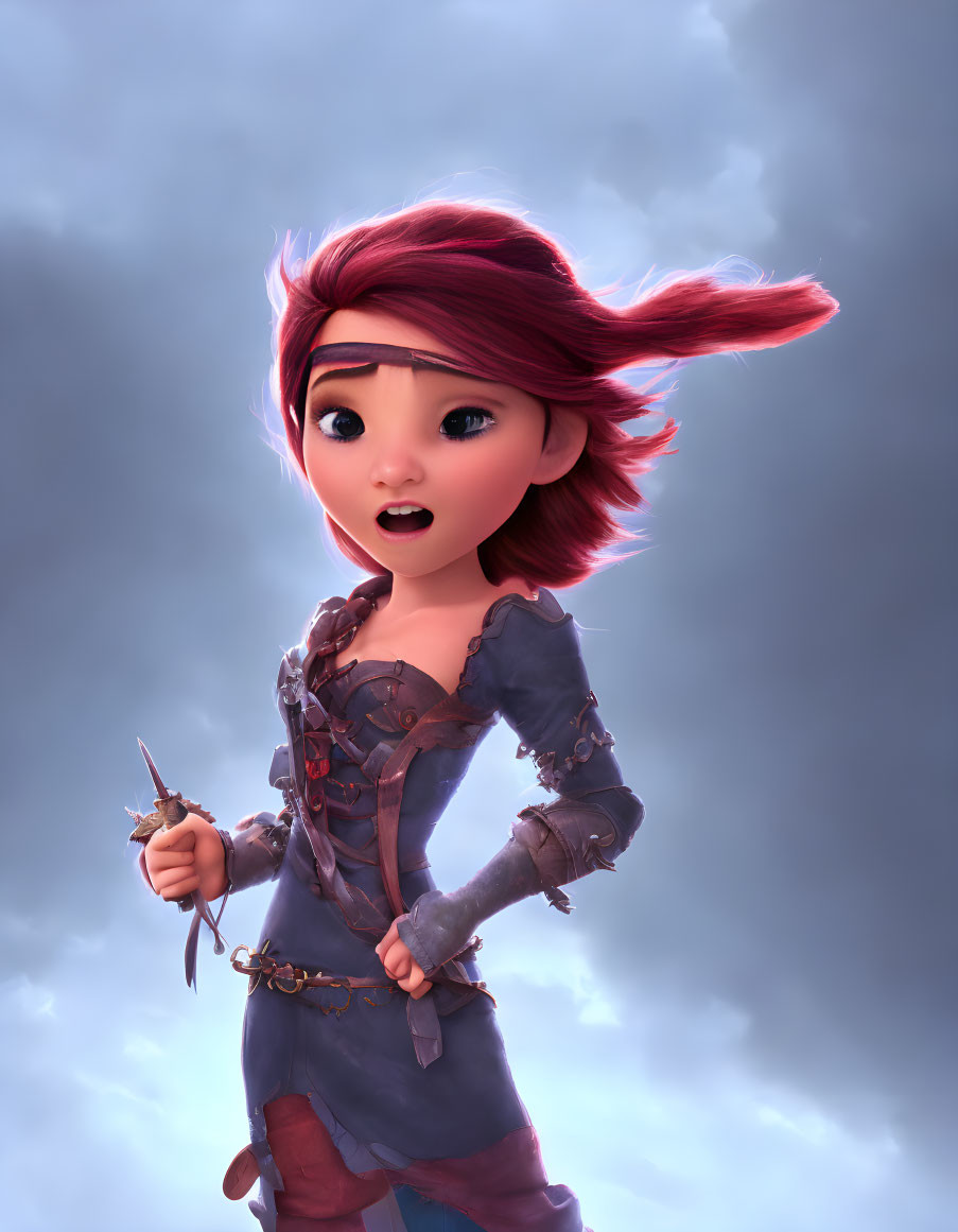 Animated female character with pink hair holding a compass in adventurer attire.