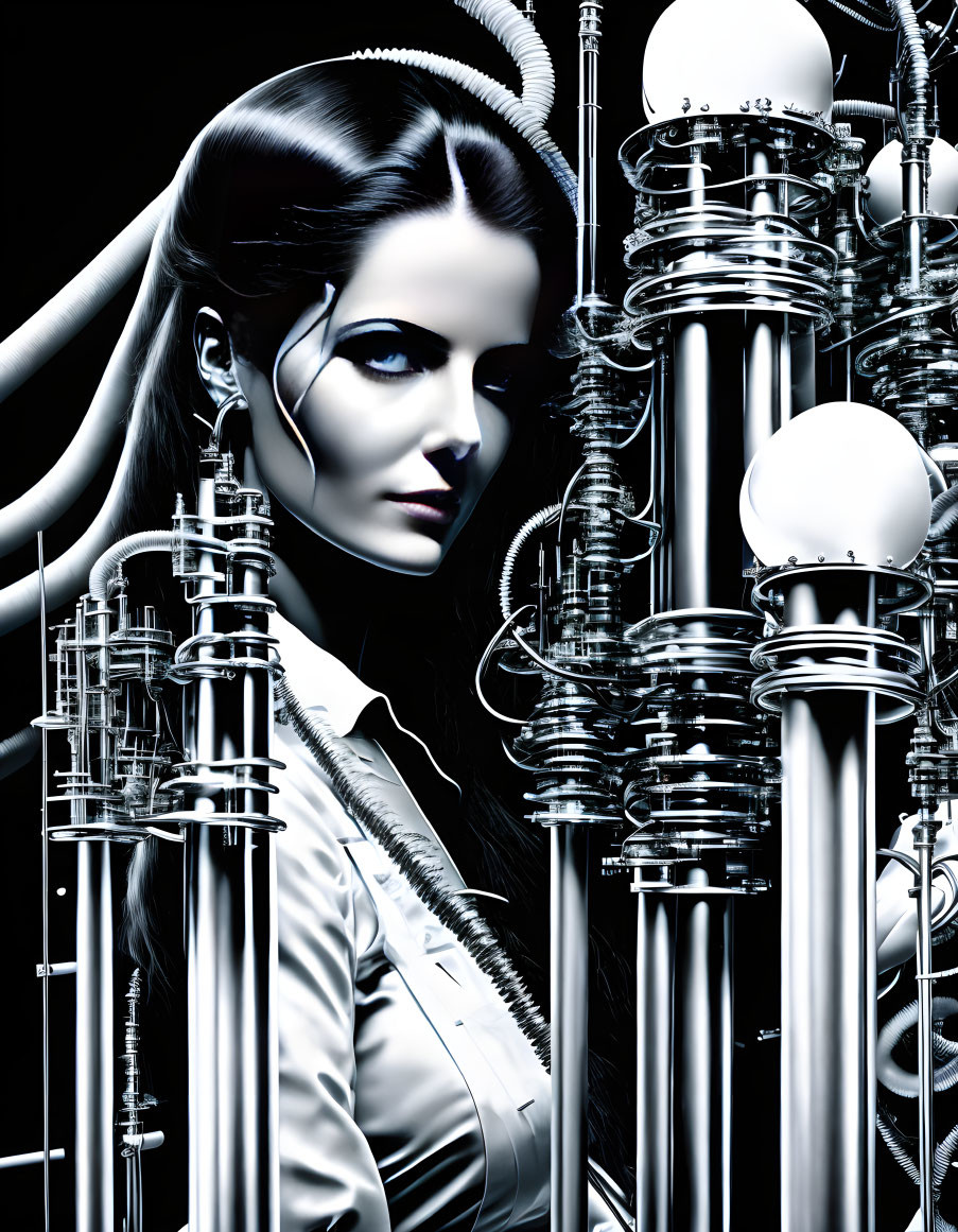 Dark-Haired Woman in Futuristic Sci-Fi Setting with Silver Tubes and Spheres