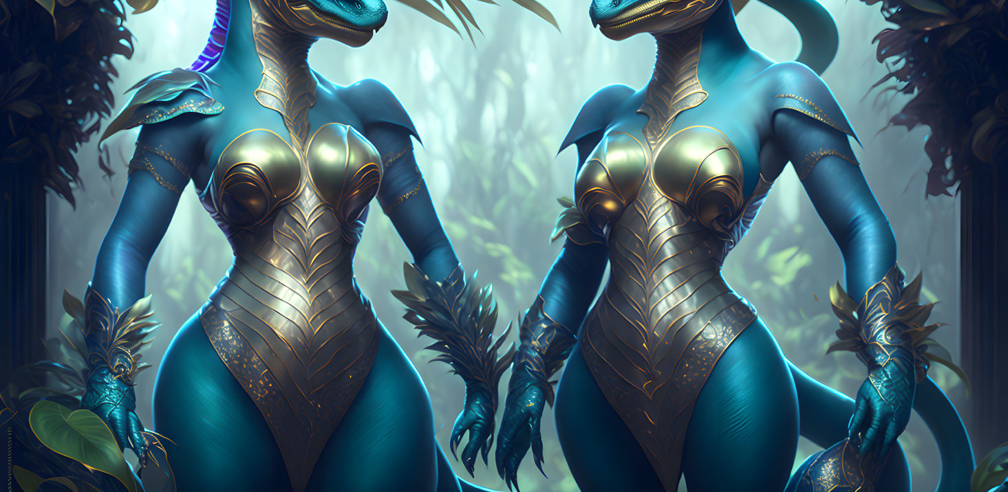 Stylized alien characters in blue skin with golden-trimmed armor amidst lush foliage