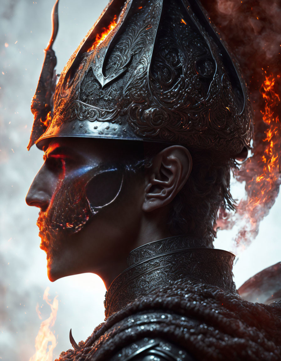 Detailed Helmet and Armor with Fiery Flames - Regal Figure Portrait