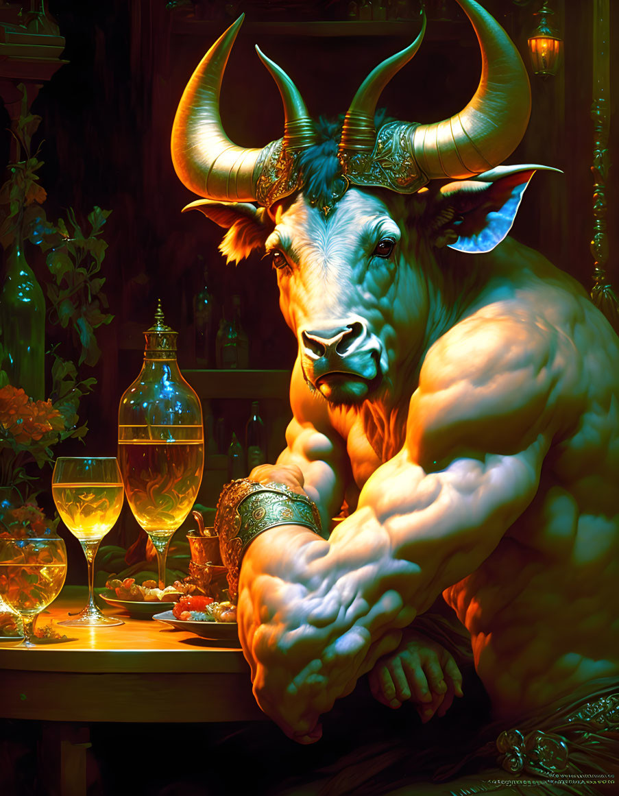 Anthropomorphic bull at lavish banquet table with fine jewelry and luxurious food