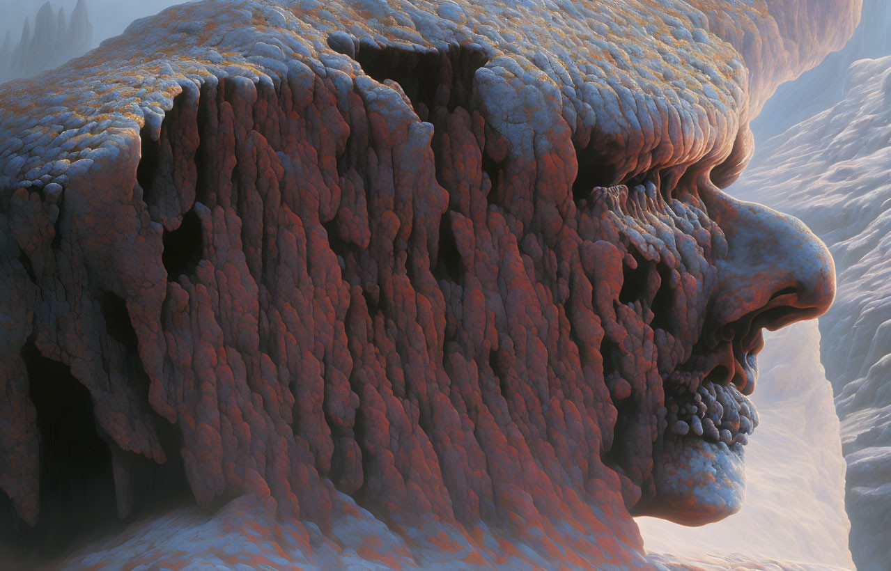 Surreal landscape with giant stone-like human face profile and textured frozen waterfall formations