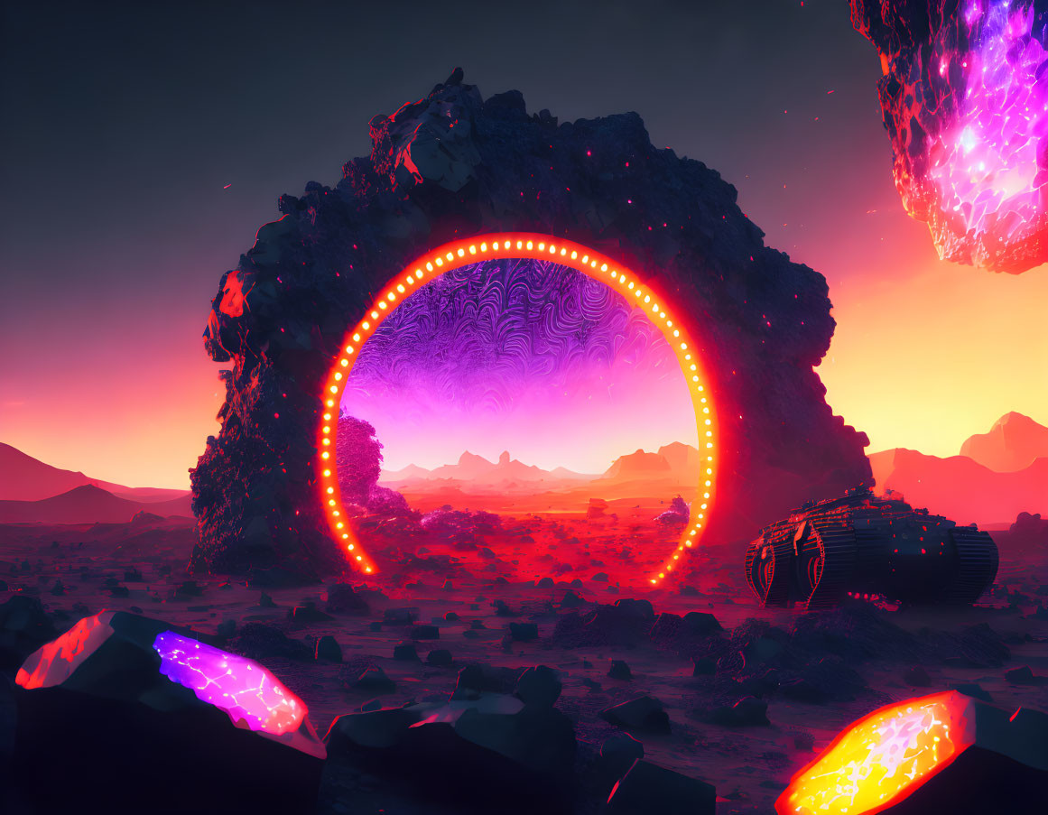 Sci-fi landscape with glowing portal, rocky terrain, neon-lit elements