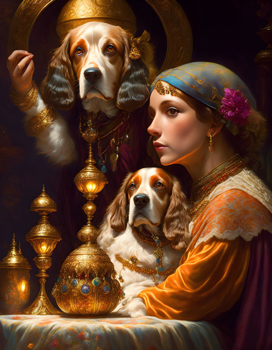 Elaborate Renaissance attire woman with spaniels in royal setting