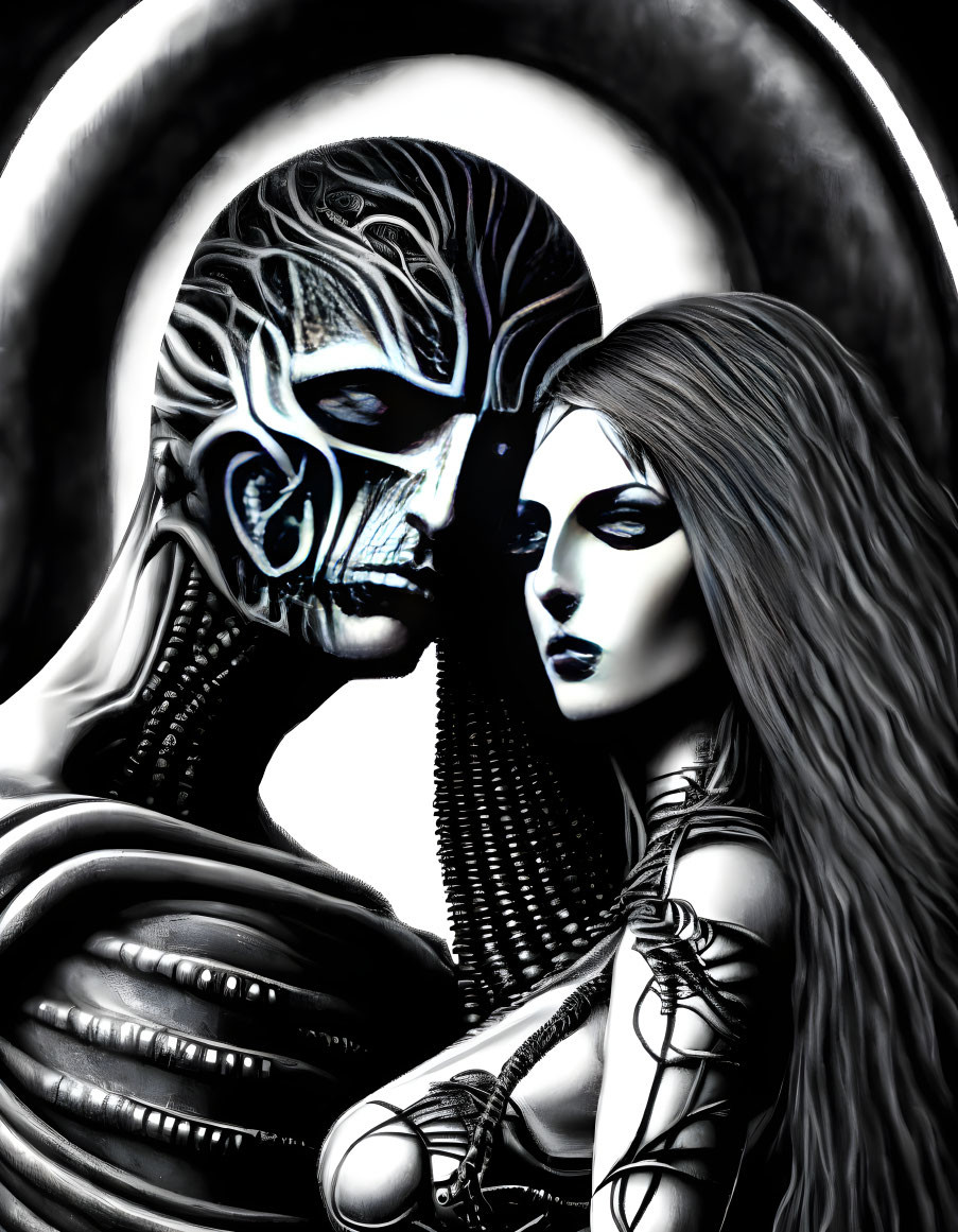 Detailed monochrome humanoid robot and woman illustration with circular backdrop