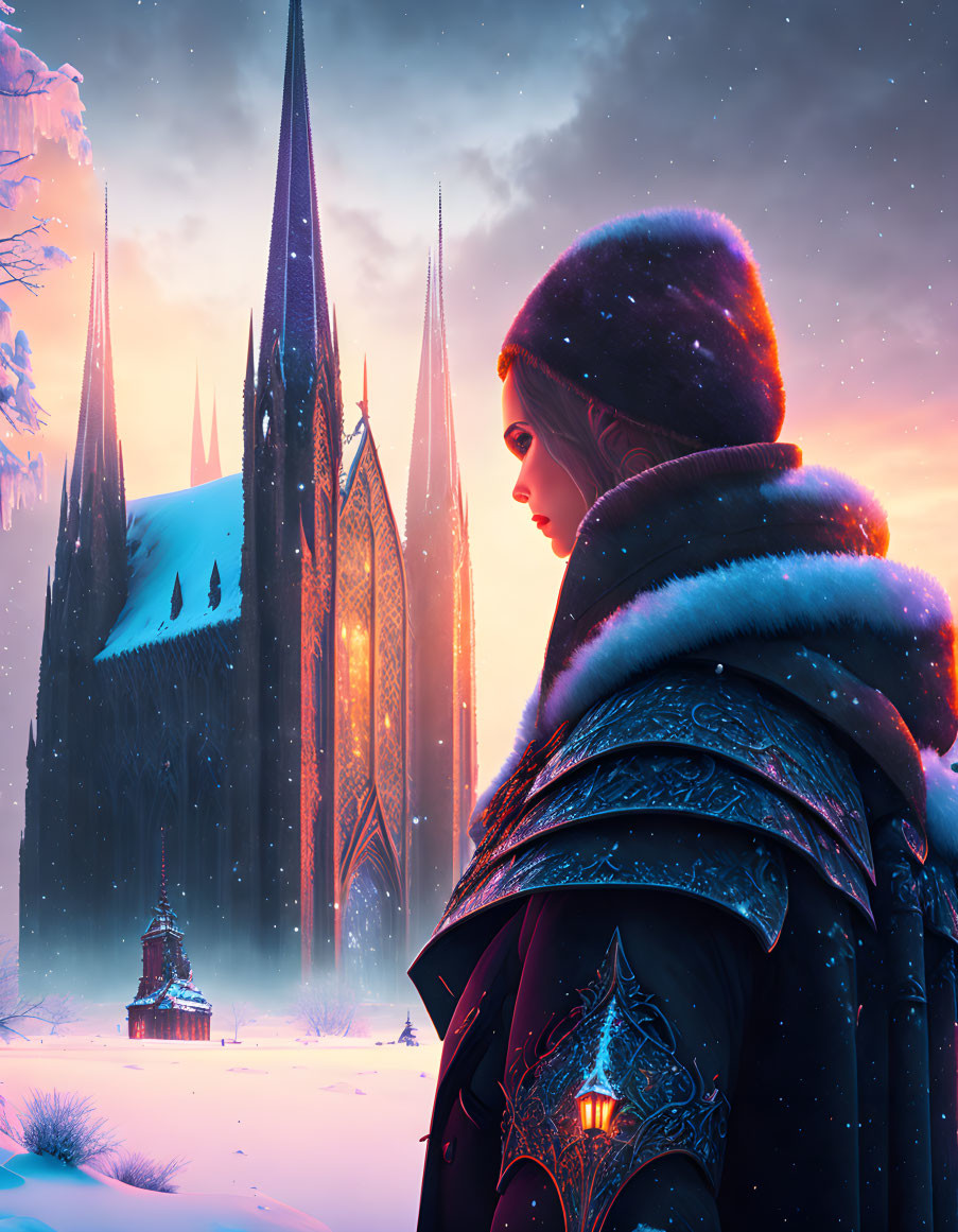 Person in fur-lined cloak gazes at glowing Gothic cathedral in snowy twilight landscape