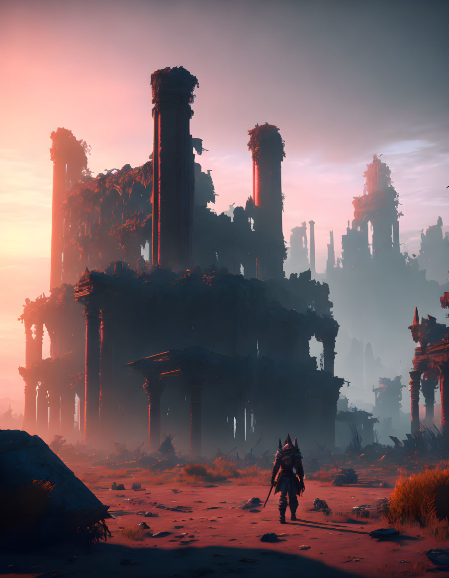 Desolate landscape with towering ruins and lone warrior