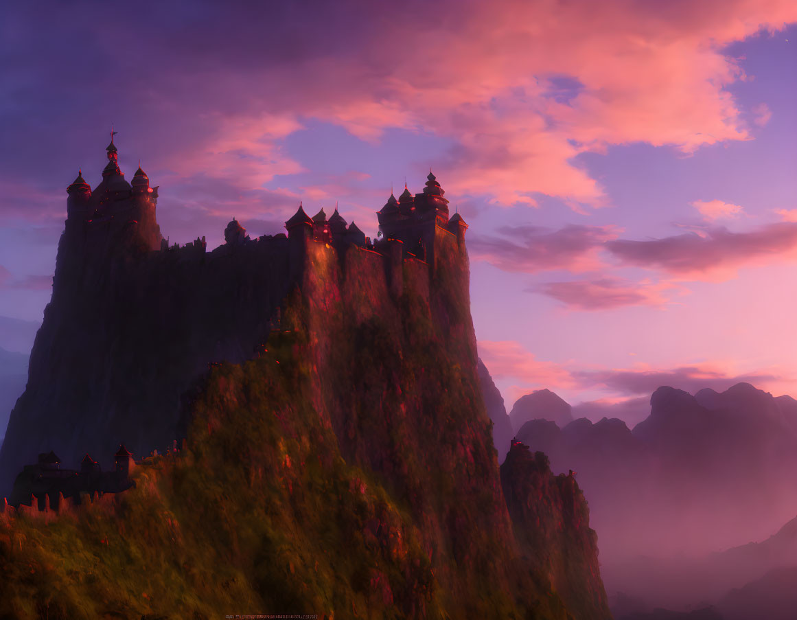 Enchanted castle on steep cliff at sunset with misty mountains