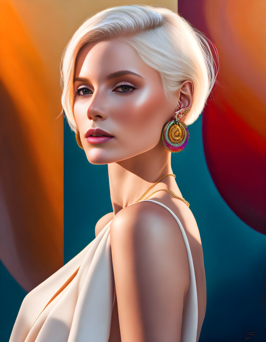 Blonde woman in circular earrings and off-shoulder top on abstract background