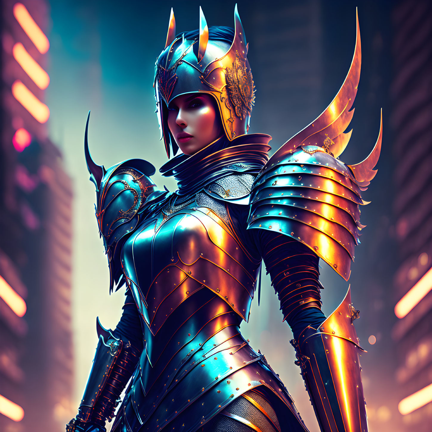 Futuristic female warrior in blue armor with horned helmet and neon-lit backdrop