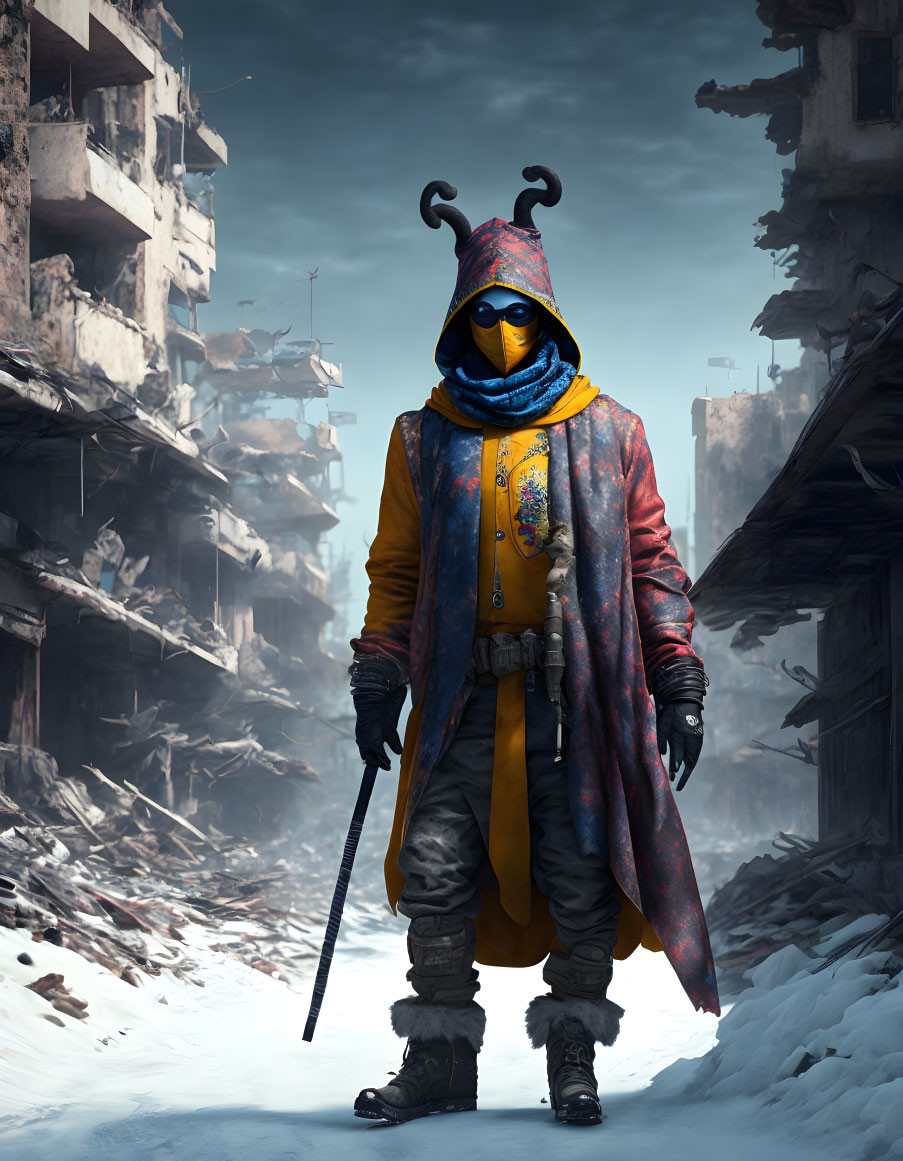 Person in yellow mask with horned helmet in war-torn cityscape