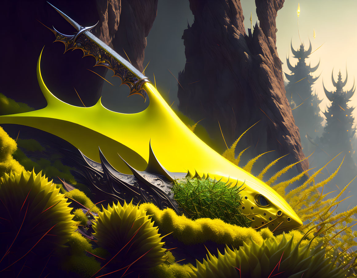 Fantasy creature with glowing fish shape and sword-like fins in vibrant forest scene