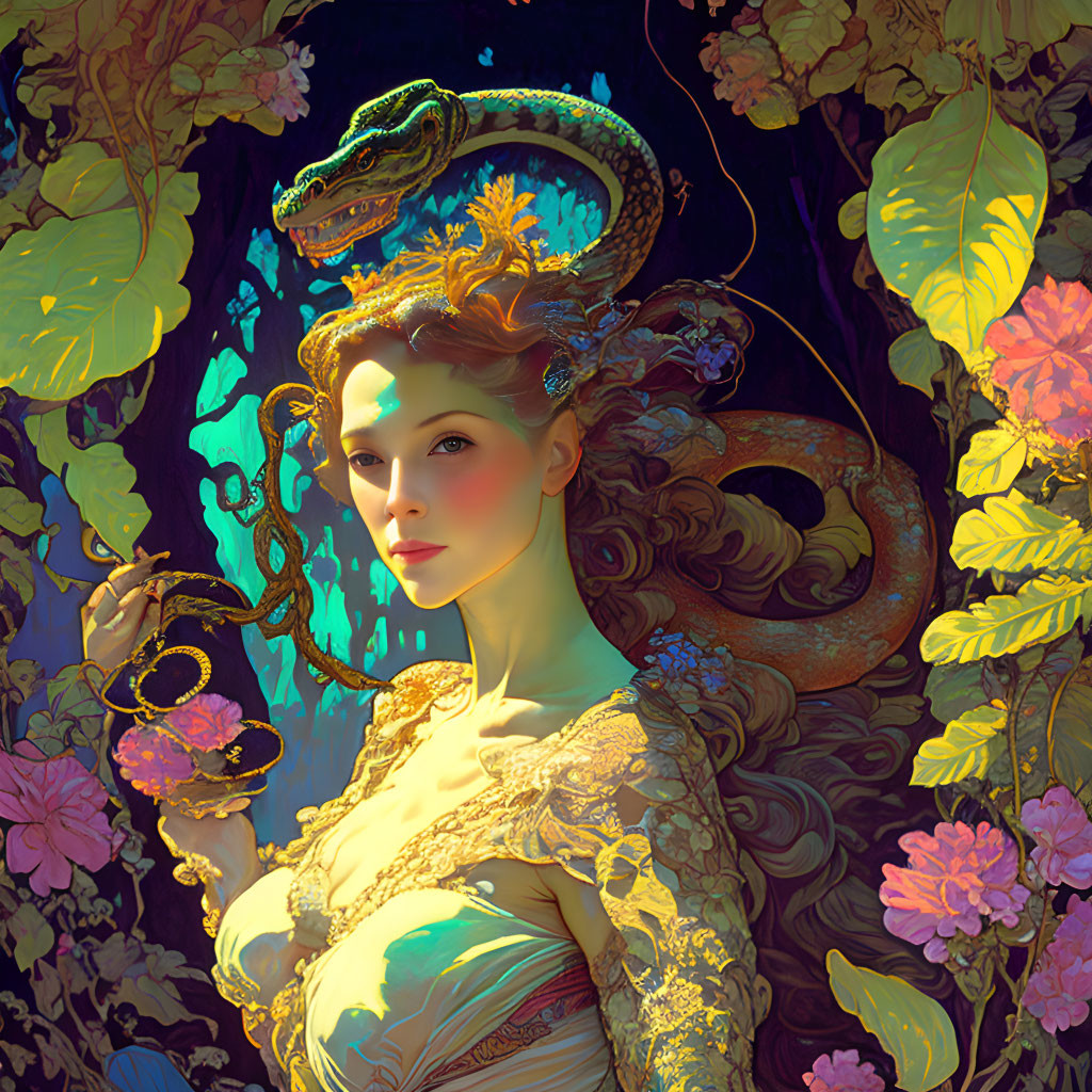 Ethereal woman in elaborate attire with coiled serpent in mystical forest