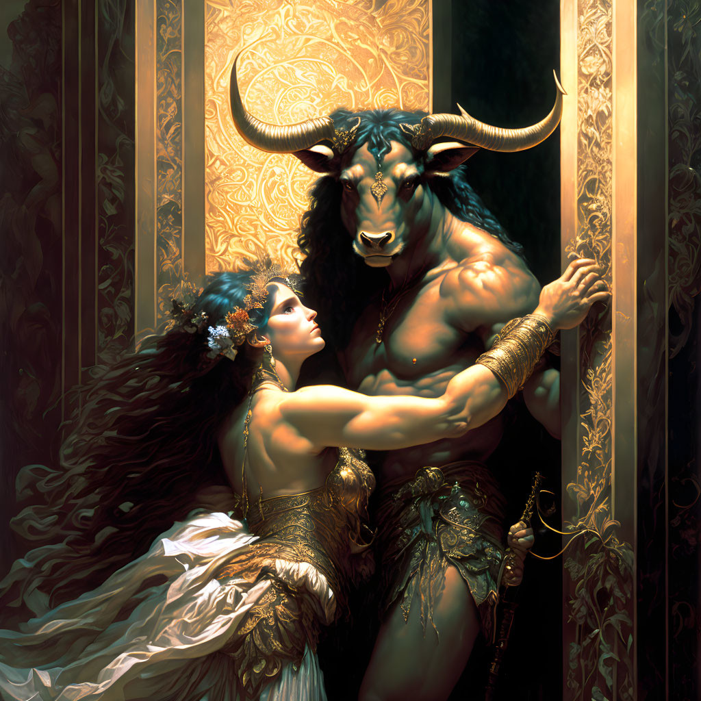 Fantasy illustration of woman embracing minotaur in golden setting