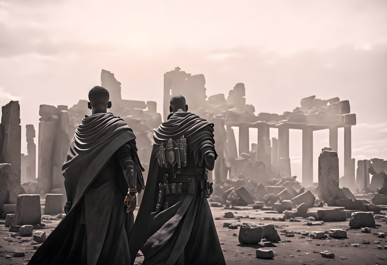 Two figures in cloaks at ancient ruins under hazy sky