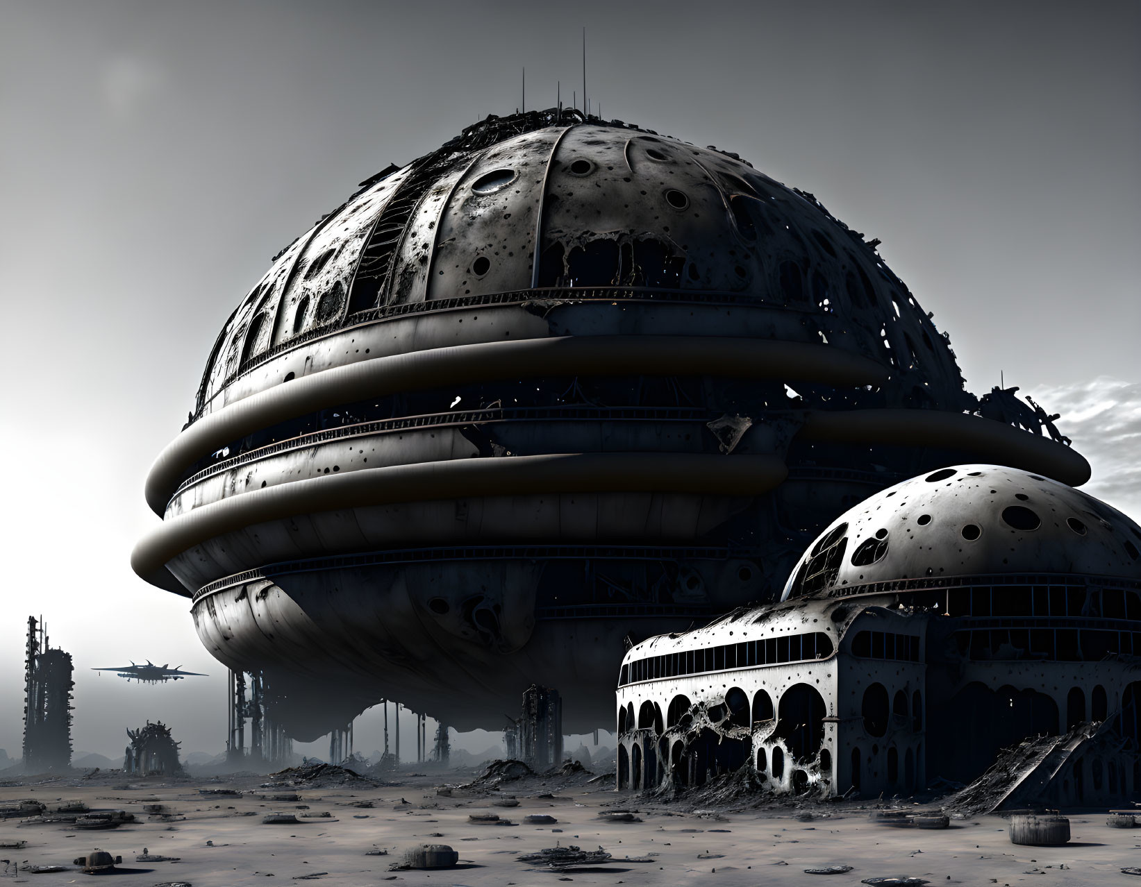 Abandoned futuristic spherical structure in desolate landscape