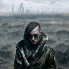 Bearded man in sunglasses and jacket against dystopian skyline