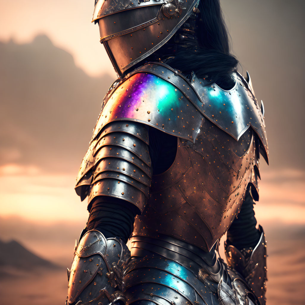 Detailed Medieval Armor with Rainbow Sheen Against Sunset