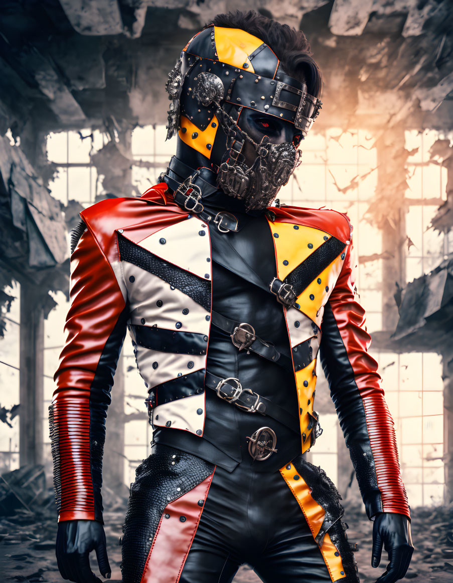 Elaborate futuristic costume with black and red design in dilapidated building