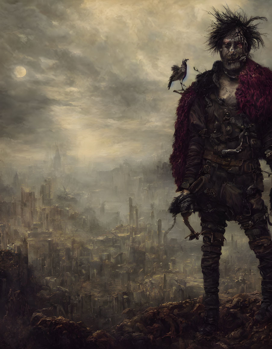 Post-apocalyptic warrior in ruined cityscape with raven on shoulder amid desolation