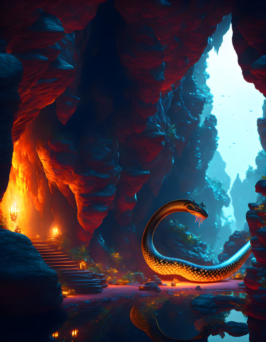 Mystical serpent in luminescent cave with fiery torches and blue light