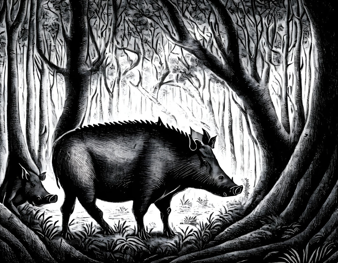 Wild Boars Roaming Dark Forest with Twisted Trees