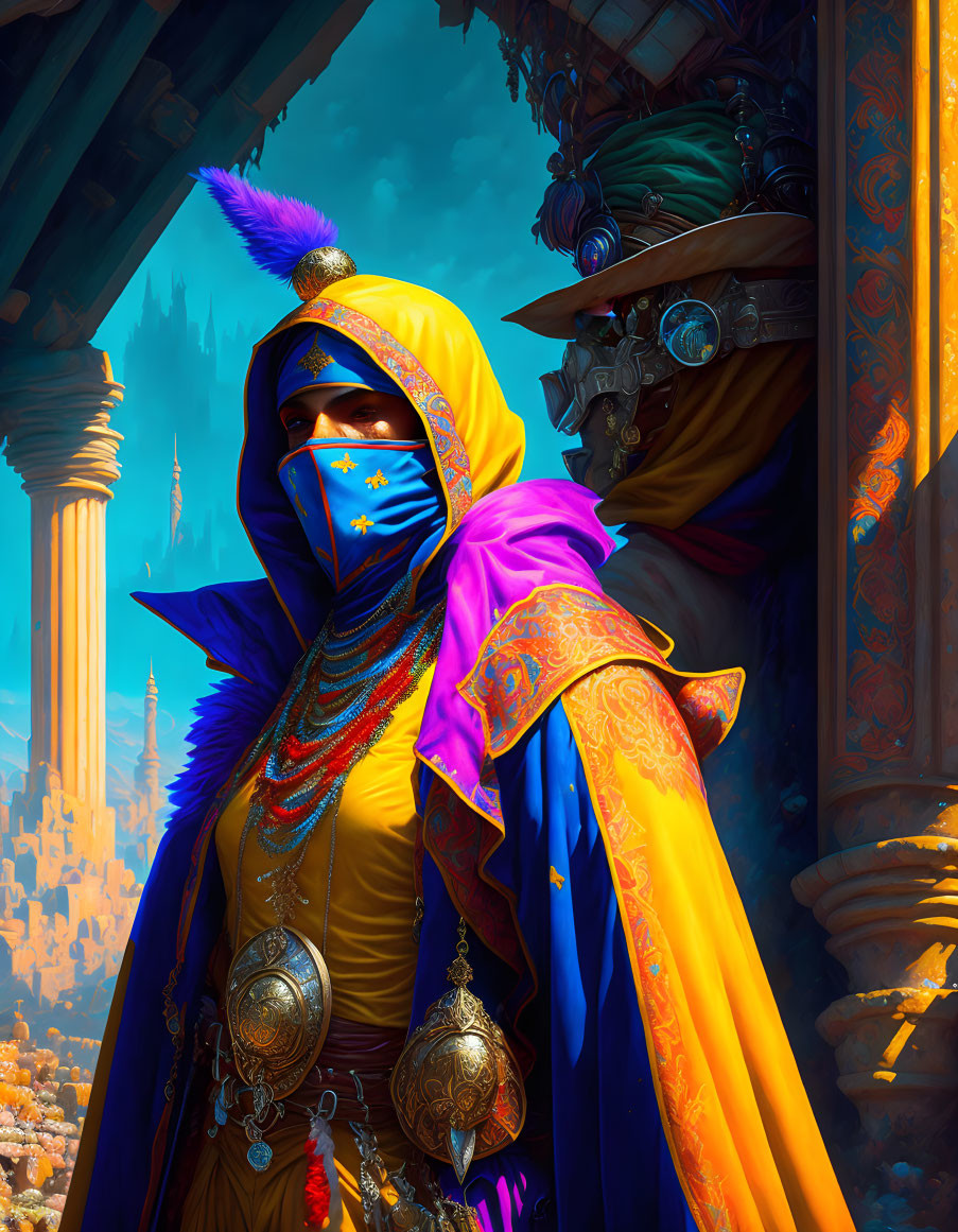 Colorful digital artwork of person in ornate desert attire with blue mask and intricate jewelry, set against