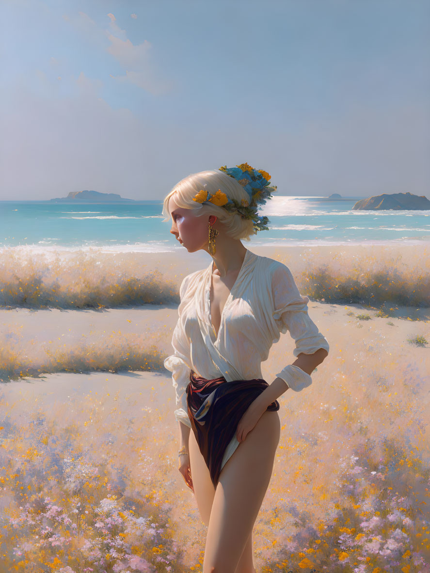 Woman in floral wreath gazes over flower field by the sea