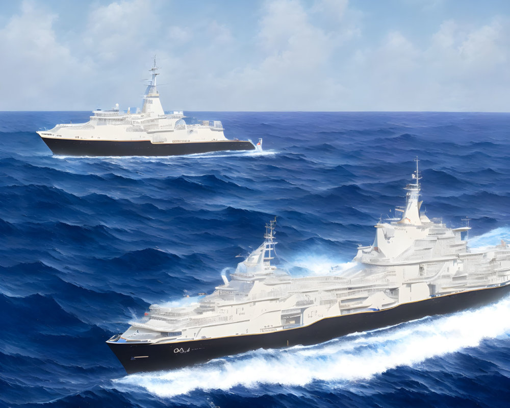 Modern naval warships on bright blue ocean with white waves and partly cloudy sky